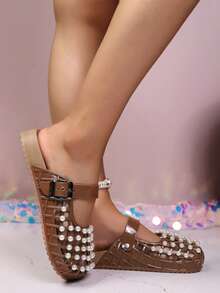 Women's Fashionable Versatile Pearl Hollow Out Sandals - Brown - View 3