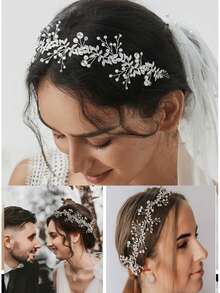 1 pieza Diadema ajustable con hoja de aleación de rhinestone y perla falsa, adecuada para uso diario y bodas, se puede usar como tocado o cadena para la cintura, de alta calidad y no se destiñe, diseño elegante y de moda, versátil para mujeres, niñas, novias, damas de honor, eventos de moda, regalo del Día de San Valentín para esposa/novia - Plateado - Ver 4