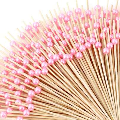 10/20 piezas Palillos para cócteles de 4.7 pulgadas con perlas | Palillos de bambú con sabor, adecuados para bebidas, bandejas de fiambres, decoración de frutas, decoración de cumpleaños y bodas, color rosa