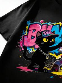 2026新款男士街头涂鸦黑猫喷绘T恤，宽松短袖上衣，夏季服装 - 黑色 - 查看 4