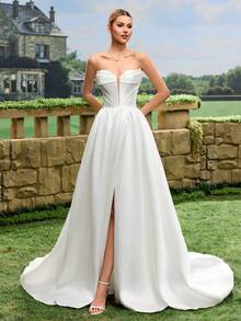 缎面无肩带长拖尾婚纱，适合教堂仪式、生日派对、婚礼及其他场合。 - 白色 - 查看 7