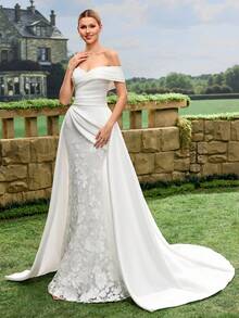 Đầm cưới lệch vai bằng satin, thiết kế xẻ tà ren, dáng suông, phù hợp cho các buổi tiệc trang trọng và đám cưới, váy cưới màu trắng, trang phục cưới tại nhà thờ, váy cưới thân mật mùa xuân - trắng - Xem 10