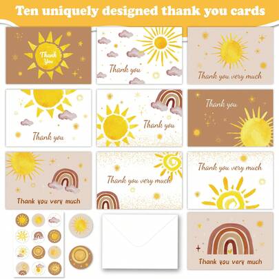 10张卡片+10个信封+1张贴纸，波西米亚风格卡片信封贴纸套装，空白卡片可供书写，适合作为生日礼物、节日礼物、异域风情贺卡、手写祝福、派对装饰、返校/毕业礼物、送给同学的礼物、手工贺卡