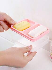 1pc Creative Dual-Compartment Waterproof Covered Soap Dish, Fashionable Dual-Grid Plastic Soap Holder With Drainage - A - View 5