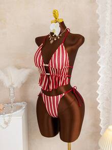 两件式红米色条纹荷叶边挂脖比基尼 - 女士可爱夏季沙滩装，侧系带两件式泳衣 - 彩色 - 查看 3