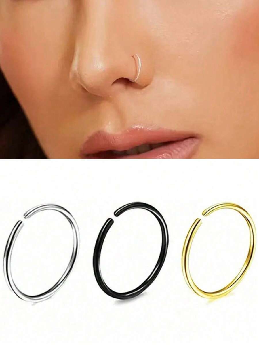 3件套女士小圆鼻环，18K金鼻环耳环，朋克风假鼻环，适合鼻尖、耳软骨、耳垂佩戴，轻盈低敏银耳环，适合单耳佩戴，可戴于耳软骨、耳垂，母亲节礼物 - 彩色 - 查看 1