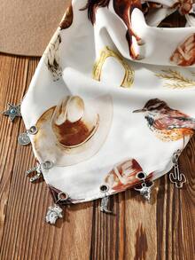 1件装女士时尚牛仔印花西部牛仔风格马头牛头印花围巾，配有牛仔靴、仙人掌、马蹄铁、五角星吊坠装饰，百搭日常佩戴 - 彩色 - 查看 3