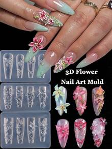 Molde de tallado de uñas con relieve tridimensional de flores de lirio, diseño de patrón de pétalos de flores de hibisco y mariposa, herramienta de desmoldeo para manualidades de arte de uñas, suministros de manicura - transparente - Ver 2