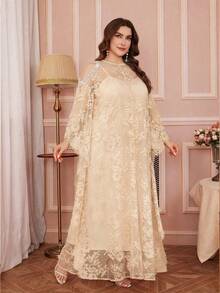 Plus Size French Retro Lace Round Neck Dress With Luxurious Beaded Decor, Adjustable Strap Slip Dress, Romantic 2 Pieces Set Summer Elegant - Apricot - View 5
