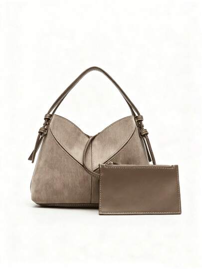 Mother-Daughter Bag Set With V-Shaped Patchwork Stitching Design – A Stylish Women's Handbag Boasting Minimalist High-End Texture. It's A Versatile Retro Shoulder & Crossbody Bag Equipped With A Long Shoulder Strap, Ideal As A Commuter Bag