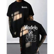 1pc Men's Modelo Graphic Print Crewneck Short Sleeve Tee - Stylish Casual Sports Top, Comfortable Loose Fit Urban Streetwear Shirt, Ideal For Daily Wear Travel Workout Weekend Hangouts Summer Outings, Versatile Fashion Basic For Men - 黑色 - 查看 6