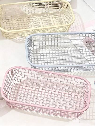 Cesta de almacenamiento de escritorio minimalista, organizador de escritorio de moda, estantería de almacenamiento de escritorio multifuncional para escritorio de oficina y tocador, caja de almacenamiento de metal ligera y resistente a la oxidación con bordes lisos, adecuada para almacenar lápices labiales, pendientes, collares, pinzas para el cabello y otros cosméticos y joyas