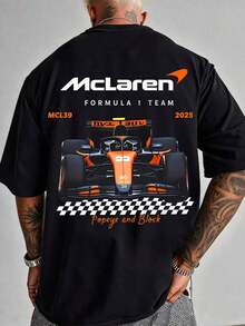 Printed T-Shirt Cotton Plus Size Men's Clothing, Men's Fashionable Racing Car Print T-Shirt, Comfortable Pure Cotton Short-Sleeved Shirt, F1 Themed T-Shirt, Streetwear, Suitable For Everyday Casual Wear And Outdoor Activities, A Gift For F1 Fans, Double-Sided Printed T-Shirt, Casual Sportswear. ,Y2K,Oversized Shirt Men,Summer Tops - 黑色 - 查看 1