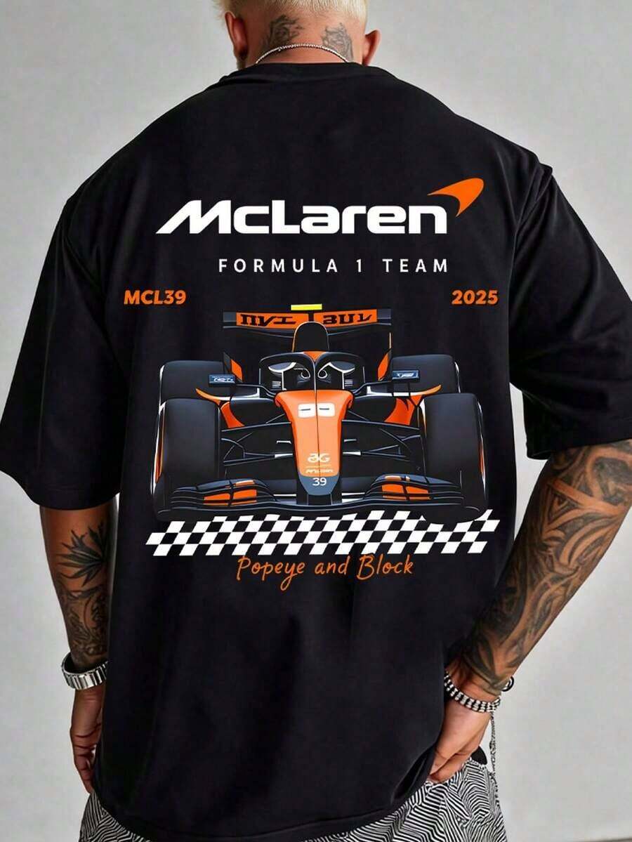 Printed T-Shirt Cotton Plus Size Men's Clothing, Men's Fashionable Racing Car Print T-Shirt, Comfortable Pure Cotton Short-Sleeved Shirt, F1 Themed T-Shirt, Streetwear, Suitable For Everyday Casual Wear And Outdoor Activities, A Gift For F1 Fans, Double-Sided Printed T-Shirt, Casual Sportswear. ,Y2K,Oversized Shirt Men,Summer Tops - 黑色 - 查看 1
