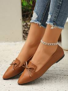 优雅棕色PU平底鞋，时尚尖头蝴蝶结设计，适合日常办公、通勤、购物，一脚蹬平底鞋，软底芭蕾舞鞋，优雅女鞋，适合夏季、春季、春假、婚礼季、母亲节礼物 - 棕色PU - 查看 6