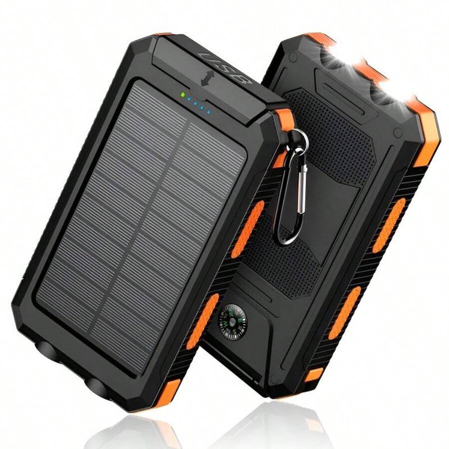 Solar Charger Power Bank 10000mAh Solar Phone Charger, Portable Charger Fast Charger Dual USB Ports Built-In LED Flashlight And Compass, IP65 Waterproof Portable Power Bank For Outdoor Activities - 橘色 - 查看 1
