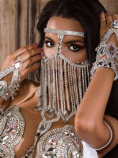 1pc Elegant Women's Mysterious Tassel Mask, Sparkling Crystal Facial Decor For Party, Masquerade Ball