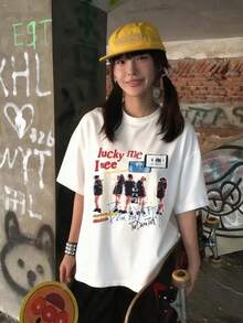 2026夏季新款女式圆领休闲宽松美式涂鸦印花英文字母图案街头百搭短袖T恤，1件装 - 白色 - 查看 3