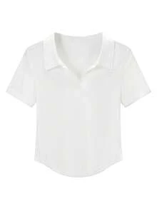 Women's Casual Short Sleeve White Polo Shirt, Asymmetric Hem, High Stretch Fabric, Fitted Sexy Style Crop Top, Suitable For Leisure & Daily Wear Summer - White - View 7