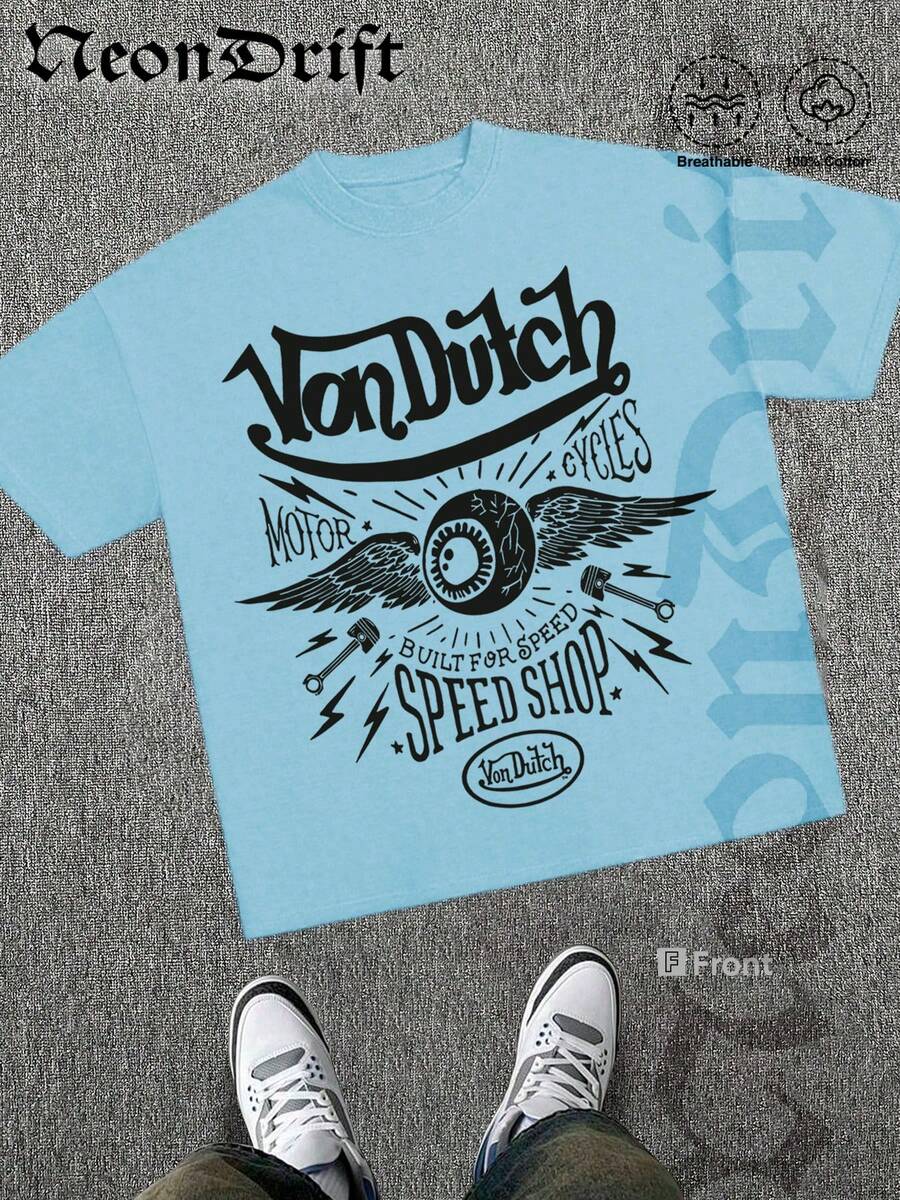 NeonDrift Street  Cotton T-Shirt  100% Cotton Fabric   Unisex Style-Van Dutch Motor Cycles Speed Shop Graphic T Shirt Vintage Style Print Classic Americana Design For Car Enthusiasts And Biker Culture Fans Casual Wear Streetwear Fashion  Men's Apparel - Màu xanh nhạt - Xem 1