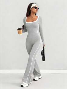 AITYI Studio 女士连体裤，时尚设计，户外街头镂空U领撞色织带设计，运动健身塑形修身性感舒适Y2K风格，适合日常、通勤、派对、度假、独立日、返校、情人节、骄傲月、狂欢节、音乐节等场合，2026春季新款舒适针织喇叭裤连体裤 - 淺灰色 - 查看 5