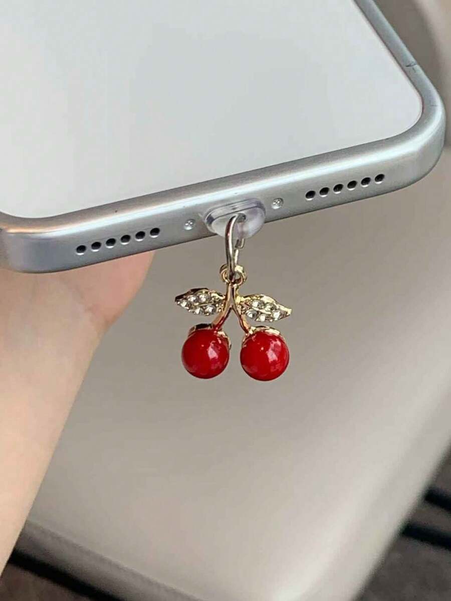 Ins 3D Cherry Rhinestone Phone Dust Plug, Universal For Apple & Android, Premium - Multicolor - View 1
