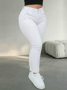 Quần jeans dáng ôm cỡ lớn với túi khóa kéo và trang trí nút, độ co giãn cao, vừa vặn thoải mái, trang phục thường ngày mùa đông cho nữ, màu trắng dáng ôm mùa xuân. - trắng - Xem 9