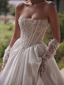 Opulent Strapless Lace Illusion Bodice Satin Ballgown Wedding Dress, Wedding Dresses For Bride, Elegant And Comfortable, Includes Plus Sizes, Bridal Gown, Formal Dresses For Women, Suitable For Wedding, Party, Vacation, Bride, Formal Occasions, Dinner Dress, Prom Dress, After-Party Dress, Homecoming Dress, Cocktail Party, Birthday Party, Celebration, Gala, Festival, Ceremony - trắng - Xem 4