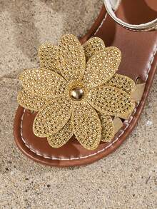 1 Pair Gold Glitter Diamond Pattern Children's Sandals, Suitable For Summer Wear. Roman Style Sandals, Bohemian Style Sandals. Girls Beach Sandals, Girls Sandals, Children's Hook And Loop Sandals, Beach Shoes And Children's Shoes. - Rose Gold - View 5