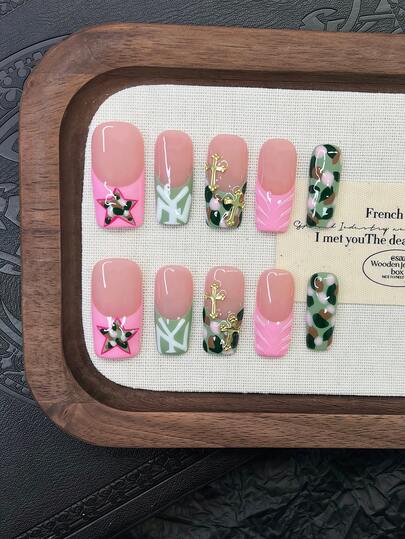 10pcs Y2K Nails Pipe-Shaped Press On Nails Set - Handcrafted, Pink Nails, Green Nails, Pink French Tip Nails, Hand Drawn Camouflage Star & Camouflage Nails And 3D Water Droplet Pattern Design, Cute Hand Drawn Nails, Sparkling Gold Cross Decoration, Delicate Graceful Nails - Perfect For Parties & Casual Attire