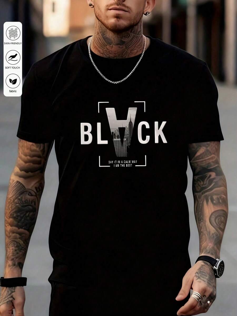 Men's Relaxed Fit Edgy Urban Street T-Shirt With "BLACK" Graphic City Letter Print - 黑色 - 查看 1