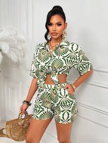 AIJ Amarilo Women's Boho Chic Green & White Geometric Print Two Pieces Outfit With Tied Crop Shirt & High-Waist Shorts, Casual Beach Vacation Clothing Set - Green - View 3