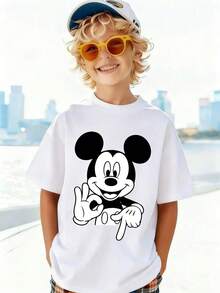 Disney Cartoon Themed Print, Casual And Simple Short Sleeved T-Shirt, Suitable For Spring And Summer Seasons, Suitable For Boys And Girls To Wear. Festival Gift - 白色 - 查看 1