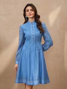 优雅法式复古半开襟立领蕾丝边修身奢华女士连衣裙 春季 - 藍色 - 查看 3