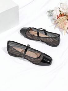 Mesh Hollow Out New Summer Square Toe Flat Boat Shoes For Women - Black - View 3