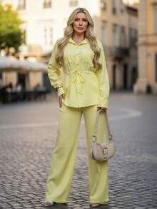 Women's Premium Sensorial Set: Long-Sleeved Blouse With Buttons And Wide-Leg Pants With Elastic Waistband - Elegant For Parties, Casual, And Offices. - Màu vàng - Xem 3