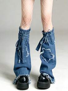 Y2K Aesthetic Blue Denim Bell Bottom Leg Warmers Drawstring Boot Socks  Fabric - 中藍色 - 查看 2