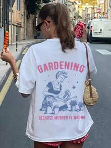 1pc Women's Summer Round Neck Short Sleeve T-Shirt, Gardening Lover & English Letter Print Pattern, Suitable For Vacation, Office, Outing, Daily, Date, Party, Gathering, Street, Valentine's Day, Party Occasion Elegant T-Shirt - White - View 6