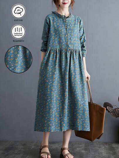 Women's Vintage Ditsy Floral Ruffle Collar Long Sleeve Dress, Elegant Casual Floral Dress, Versatile Commuter Dress, Festival Outfit, A-Line Skirt, Retro Boho Style Vacation Dress Spring