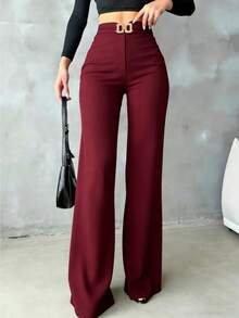 女士酒红色休闲优雅直筒裤，腰部饰有金属装饰，酒红色长裤，女士休闲裤，优雅女士长裤，户外裤，春季穿搭，春季服装，适合日常穿着、办公室通勤、约会、度假，四季皆宜（春/夏/秋/冬） - 酒紅色 - 查看 4