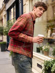 Street Life Spring Casual Graphic Men'S Shirt With Rhinestone Plaid Pattern, Long Sleeve, Streetwear American Style - Red - View 5