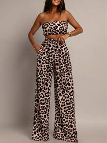 Women's Leopard Print Strapless Crop Top & High Waist Wide Leg Pants 2 Piece Outfit - 卡其色 - 查看 5