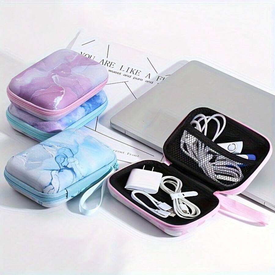 1 pieza Estuche rígido de material EVA con diseño de patrón de mármol, adecuado para cables/cargadores/auriculares inalámbricos/ratón, etc. Diseño con cremallera y asa portátil. Organizador digital, estuche para cargador, organizador de cables, bolsa de viaje, esencial para vacaciones - Multicolor - Ver 1