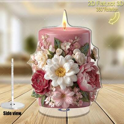 1个/2D扁平粉色圆柱形蜡烛，带花卉装饰，360°旋转底座，无需用电，亚克力材质，适用于婚礼、自然主题活动、母亲节、情人节、复活节等场合。
