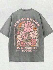 2026 Summer Clothes2026 Summer TopsRetro Washed Double Sided Printed Gray T-Shirt (230g Pure Cotton T-Shirt) Motherhood Is Kingdom Work Christian Graphic Tee With Proverbs 31:25-27 And Floral Design, Comfortable, Fashionable T-Shirt, Street Style CottonLoose And ComfortableshirtsLoose And Comfortablesummer Tops - Xám - Xem 2