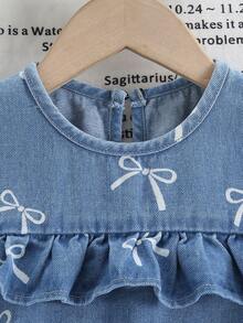 1pc Girls Casual Outdoor Vacation Summer Butterfly Print Round Neck Ruffle Hem Cute Sleeveless Denim Dress - Medium Wash - View 5