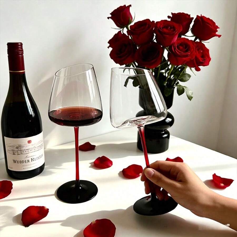 香槟酒杯和葡萄酒杯 - 现代高脚黑色底座，适用于起泡酒、桃红葡萄酒、普罗塞克、香槟 - 手工酒吧用具，完美礼品之选 - 酒紅色 - 查看 1