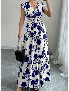 2026 New Short-Sleeve Tie-Front Dress Printed V-Neck Long Dress Summer Waist-Defining Women's Wear - 白底黑花連身裙 - 查看 7