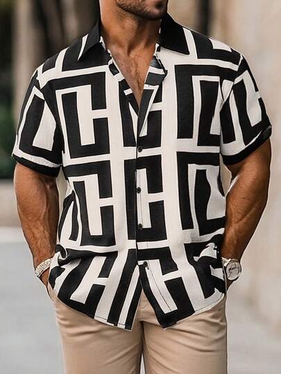 Men's Fashion Button-Down Short Sleeve Collared Shirt, Contrast Color Design, Casual Minimalist Versatile For Daily Wear, Commute, Street Style, Summer, Plus Size Lightweight Shirt