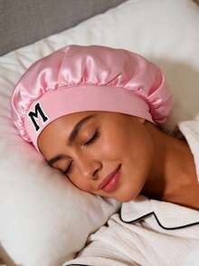 1 pieza Diadema elástica con 26 letras a rayas, gorro de dormir de satén suave para mujer, gorro de ducha suave y elástico, gorro de dormir ajustable para damas, adecuado para el cabello - Rosa - Ver 3